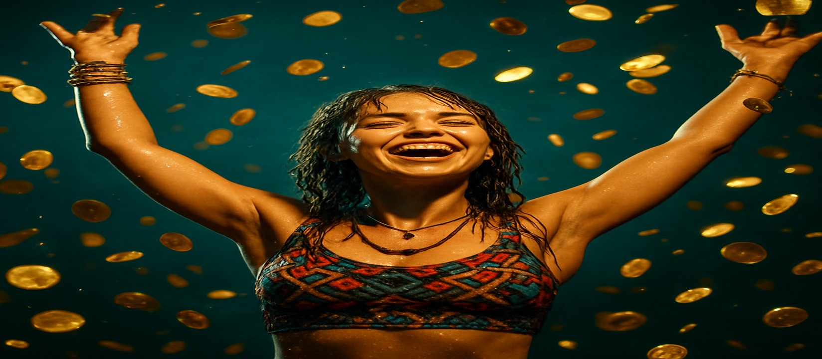 মুদ্রার ঝরনার মাঝে রঙিন পোশাকধারী একজন নারী